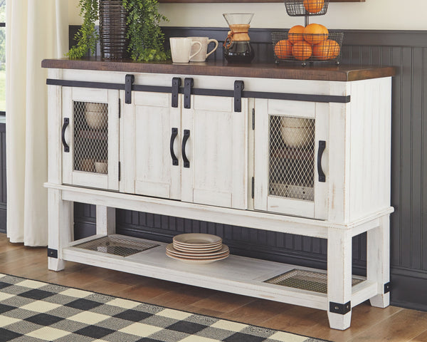  this server dishes out irresistible form and function. A pair of cabinet doors with mesh wire inlays add a countrified cool element. Sliding â€œbarn doorsâ€ revealing even more shelved storage are ri
