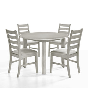  featuring a round wood table and four dining chairs. Crafted from a blend of solid Rubberwood and manufactured woods