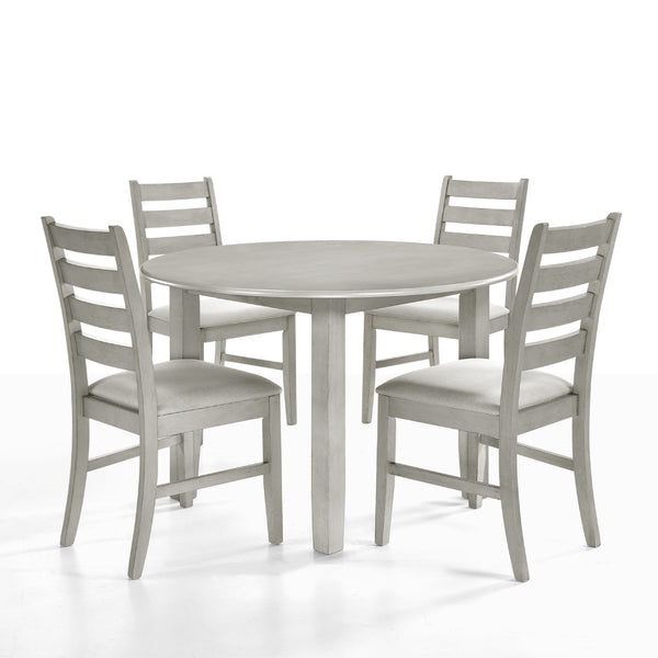  featuring a round wood table and four dining chairs. Crafted from a blend of solid Rubberwood and manufactured woods
