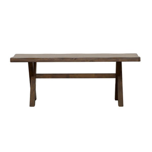 Crafted from solid rubberwood, this dining bench embodies rustic charm with its knotty nutmeg finish and worn edges that highlight the natural beauty of wood. The sturdy trestle-style base provides reliable support, while the smooth, contoured seat offers