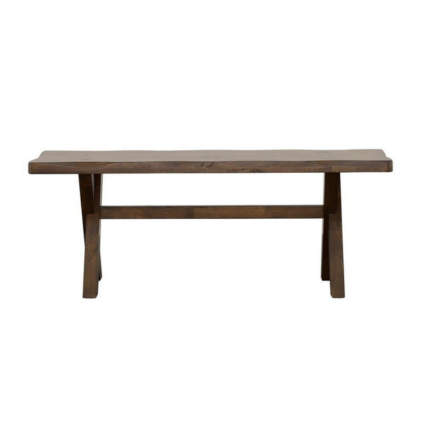Crafted from solid rubberwood, this dining bench embodies rustic charm with its knotty nutmeg finish and worn edges that highlight the natural beauty of wood. The sturdy trestle-style base provides reliable support, while the smooth, contoured seat offers
