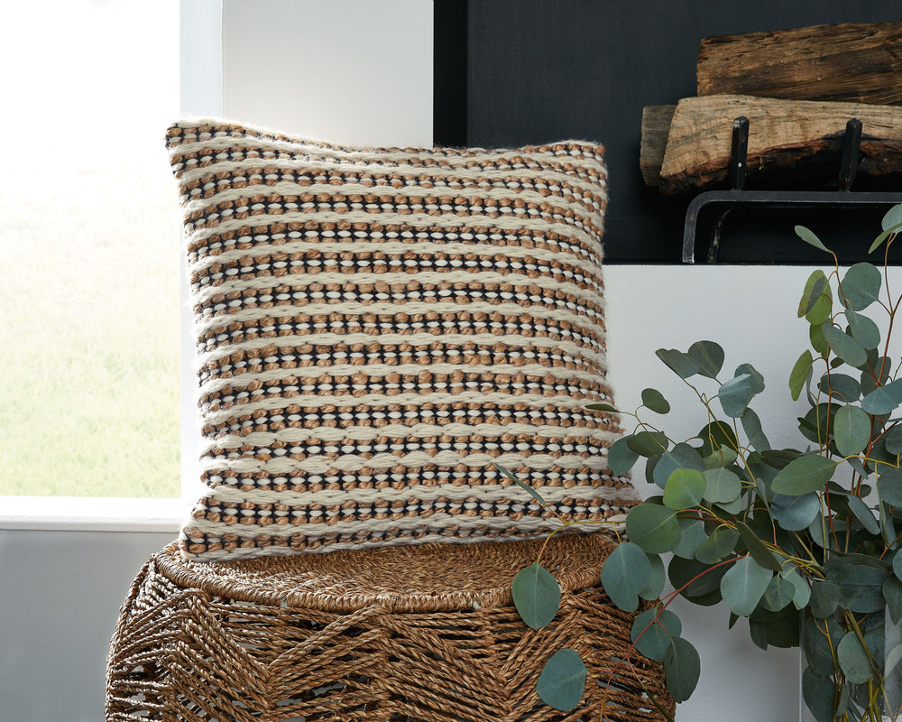 Bring some of your natural sensibilities indoors with this pillow. The handwoven stripe design in neutral hues stuns with its simplicity. Brimming with organic beauty, it adds an air of authenticity to your decor.<br/><br/><b>Product Features</b><ul><li>F