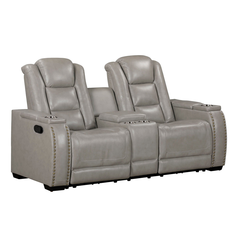 The Breckenridge Genuine Leather Reclining Console Loveseat in Gray combines luxury, durability, and practicality, making it an ideal addition to any living space. This loveseat is crafted with a combination of hardwood and manufactured woods, ensuring a 