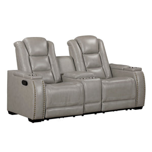 The Breckenridge Genuine Leather Reclining Console Loveseat in Gray combines luxury, durability, and practicality, making it an ideal addition to any living space. This loveseat is crafted with a combination of hardwood and manufactured woods, ensuring a 