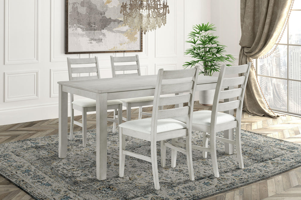 Experience the Pascal 5 Piece Dining Room Set in Driftwood Gray, a perfect blend of style and functionality. This set includes a 59-inch long rectangular wood dining table and four matching chairs, all crafted from a combination of solid Rubberwood and ma