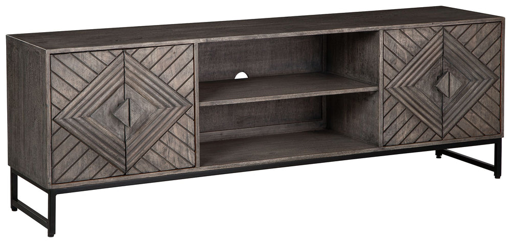 For admirers of understated vintage glamour, this accent cabinet beautifully complements your desired aesthetic. The classic charm of a distressed gray finish meets chic metropolitan styling, with art deco-inspired door fronts and an industrial black meta
