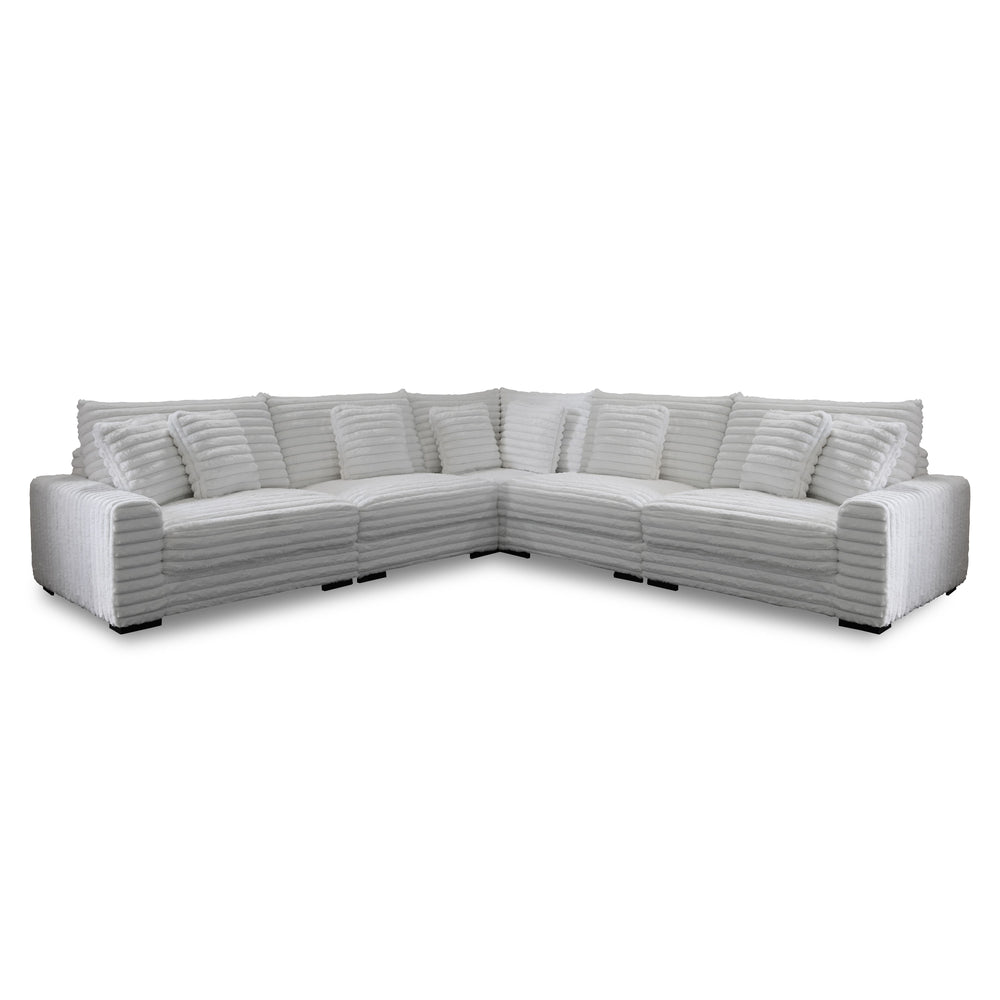 The Embrace 5-Piece Modular Sectional in white is an epitome of comfort and style, designed to cater to your lounging needs. It includes a right arm facing chair, a left arm facing chair, two armless chairs, a wedge, and eight accent pillows, all crafted 