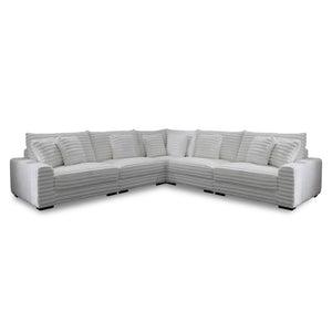 The Embrace 5-Piece Modular Sectional in white is an epitome of comfort and style, designed to cater to your lounging needs. It includes a right arm facing chair, a left arm facing chair, two armless chairs, a wedge, and eight accent pillows, all crafted 