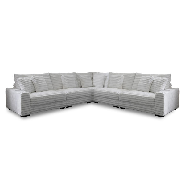The Embrace 5-Piece Modular Sectional in white is an epitome of comfort and style, designed to cater to your lounging needs. It includes a right arm facing chair, a left arm facing chair, two armless chairs, a wedge, and eight accent pillows, all crafted 