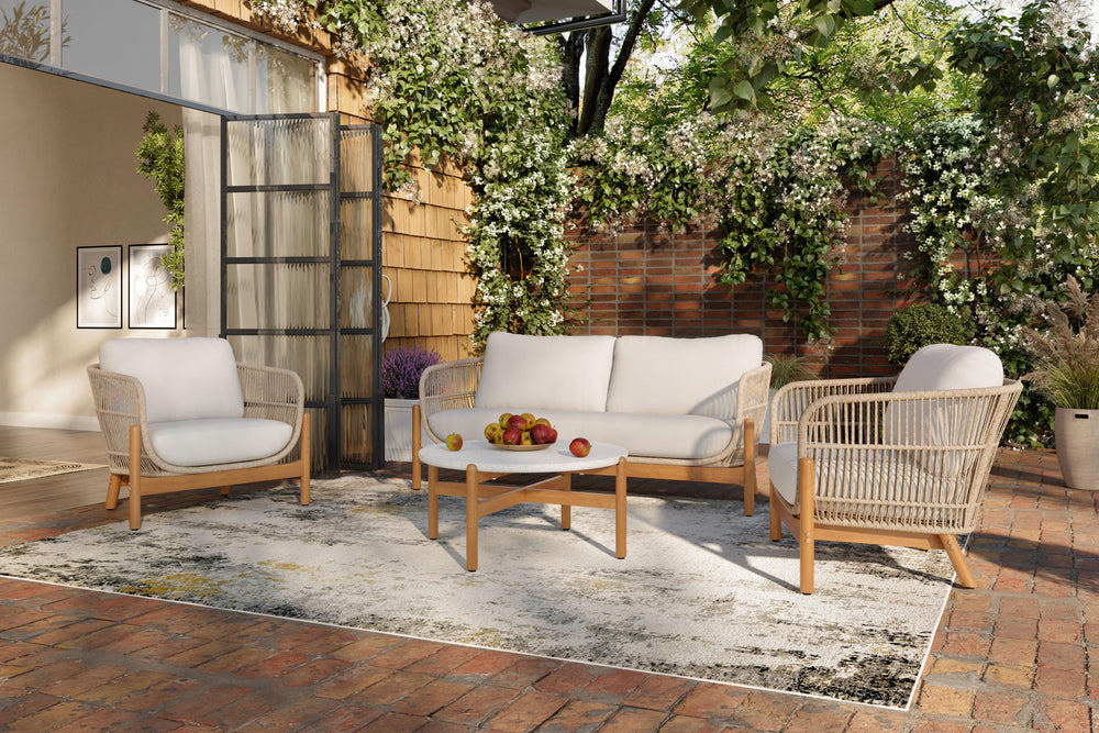 Introducing the Solstice 4 Piece Outdoor Conversation Set in Linen Beige, a complete ensemble that transforms your outdoor space into a cozy retreat. Crafted from FSC Certified Acacia Solid Wood, this set is not only durable but also environmentally frien