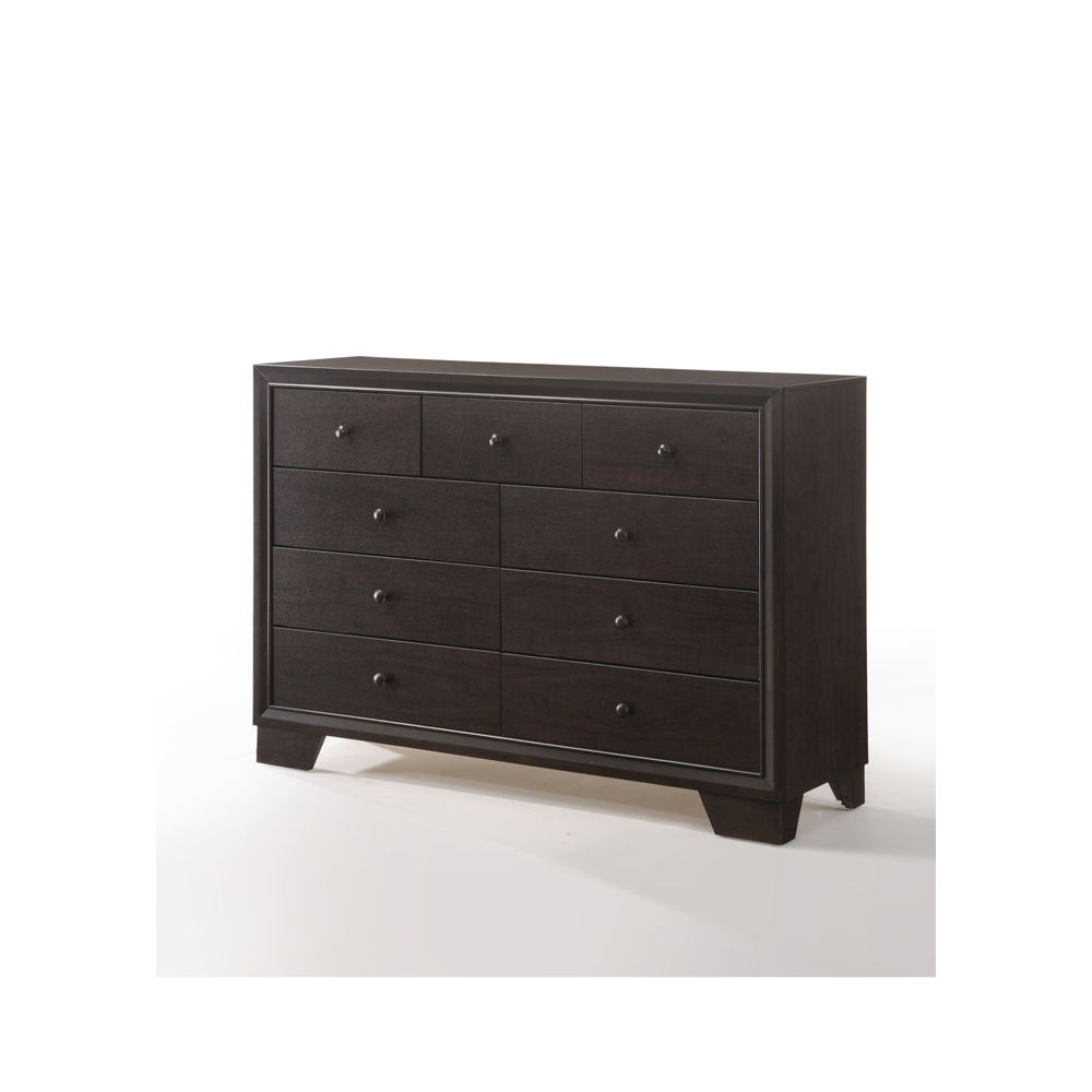This Madison casual 9-drawer dresser in espresso contrives to be unique and familiar at the same time. The generous sized case piece is ideal for storing your clothing and features round espresso knobs. All drawers have English dovetail with center metal 