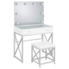 Elevate your morning rituals with a compact, contemporary vanity set, including table, mirror and stool. Perfect for makeup and hair, the vanity shows off a bright white finish with a large drawer for stashing your daily necessities. On top, a lighted mir