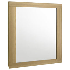 Complete your bedroom ensemble with this sophisticated dresser mirror, an essential companion to your stylish dresser. Inspired by modern Italian design, this mirror features a sleek frame crafted from durable, easy-care melamine, blending natural wood to
