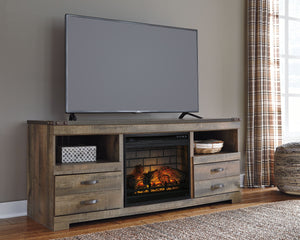 Entertain a rugged yet refined sense of style with this TV stand with fireplace insert. Rustic finish and plank-style details pay homage to reclaimed barn wood, while metal banding with nailhead accents infuses a touch of industrial cool. Ultra clean line
