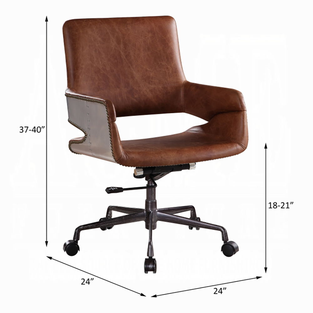 KD, Executive Arm Office Chair Seat: Swivel (360 Degrees), Adjustable Height (Pneumatic Lift), Square Shape Padded Seat & Back: Top Grain Leather (Vintage Pattern) Backrest: Padded Inside, Aluminum Patchwork & Nail-head Trim Outside (Open Base) Armrest: P