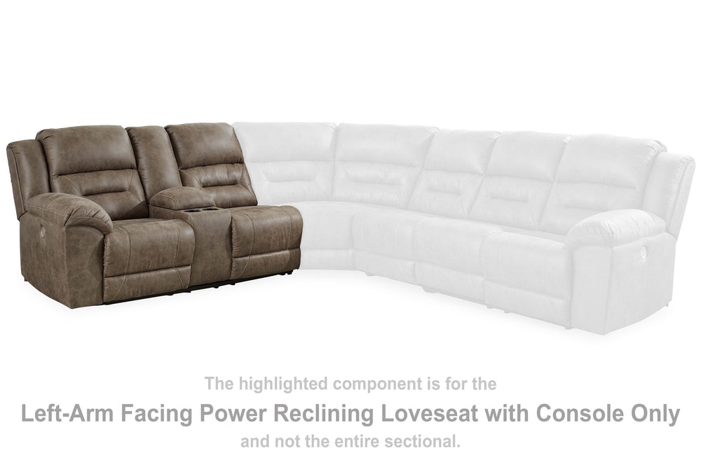 This left-arm facing power double reclining loveseat with console is made with faux leather upholstery. Pairs with other items in the series to make a sectional.<br><br><b>Additional Dimensions</b><br><ul><li>Arm height: 27-"</li><li>Distance between arms