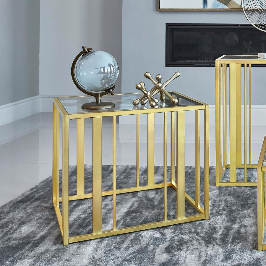 This modern side table features a tempered glass top paired with a geometric base in heavy-gauge metal with a sleek black nickel electroplated finish. The open design offers a contemporary aesthetic, blending elegance with durability. Perfect for displayi