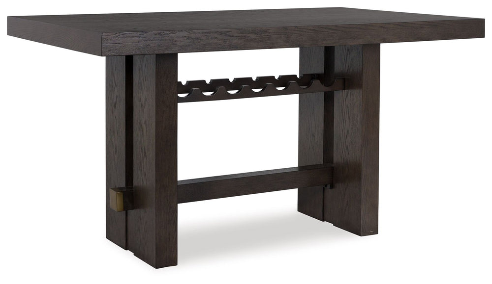 Dressed to thrill, this counter height dining table offers a high-design look at a down-to-earth price. Ultra-sleek lines are accentuated with a dark waxy brown oak-tone finish thatâ€™s so easy on the eyes. A thick tabletop and a pedestal base with integr