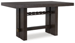Dressed to thrill, this counter height dining table offers a high-design look at a down-to-earth price. Ultra-sleek lines are accentuated with a dark waxy brown oak-tone finish thatâ€™s so easy on the eyes. A thick tabletop and a pedestal base with integr