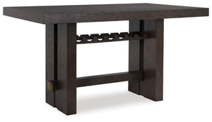 Dressed to thrill, this counter height dining table offers a high-design look at a down-to-earth price. Ultra-sleek lines are accentuated with a dark waxy brown oak-tone finish thatâ€™s so easy on the eyes. A thick tabletop and a pedestal base with integr