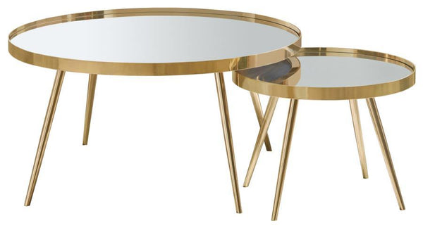 This coffee table set features two stylish, round tables with recessed mirrored tops. The larger table is paired with a smaller, complementary piece, offering a versatile design for your living room. Both tables are supported by a sturdy metal frame with 