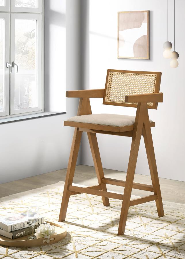 Make a statement at your kitchen island or bar table with a charming set of two mid-century modern barstools. Robust design pairs A-frame structuring with tapering armrests and a rectangular seat and back. Each stool is finished in light walnut and featur