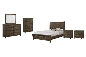 The 6 Piece King Blue Ridge Collection by New Classic Furniture offers a harmonious blend of sustainability and timeless design. Crafted from reclaimed solid wood, sourced from various origins, this set embraces eco-friendly construction, contributing to 