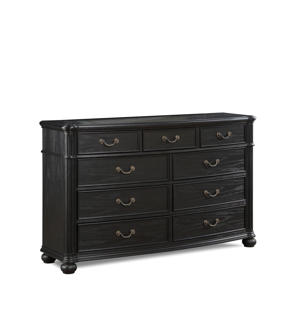 Indulge in the timeless elegance of this exquisite bedroom collection, a true embodiment of classic sophistication. Each piece is masterfully constructed with a striking charcoal finish that commands attention while accentuating the intricate detailing an