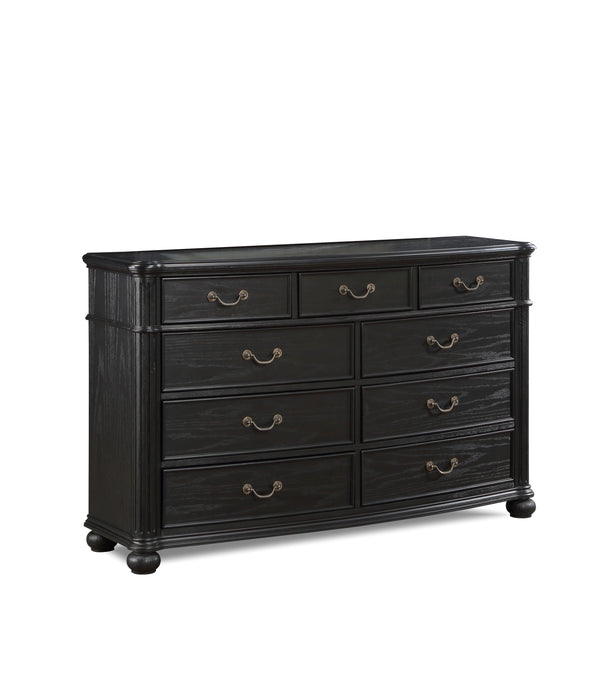 Indulge in the timeless elegance of this exquisite bedroom collection, a true embodiment of classic sophistication. Each piece is masterfully constructed with a striking charcoal finish that commands attention while accentuating the intricate detailing an