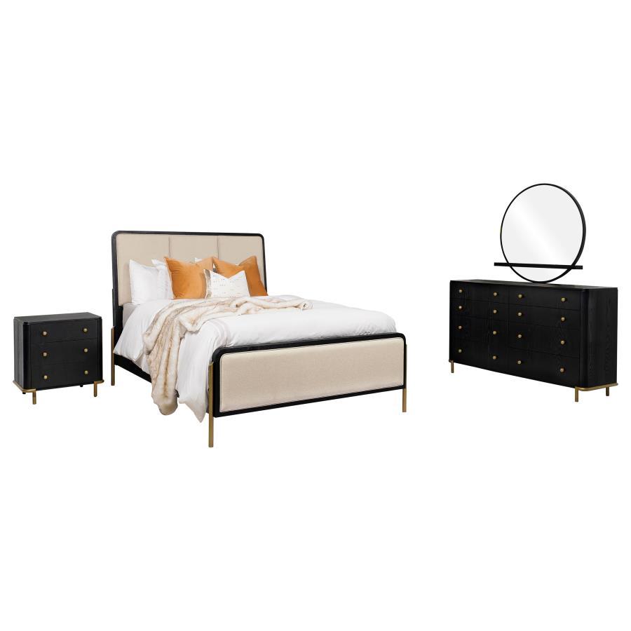 This coastal-inspired bedroom set blends mid-century modern influences with natural textures for a serene retreat. The bed features a cream fabric upholstered headboard and footboard, framed by a wire-brushed wood finish that enhances the beauty of rubber
