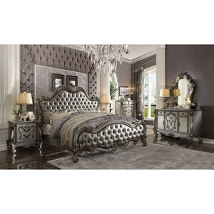 Sleep like royalty with this Versailles II bed set. The bedroom set was inspired by old European design. The bed features carved scrollwork accent with nailhead trim Decor and tufted upholstery on both headboard and footboard. The accent pieces crafted in