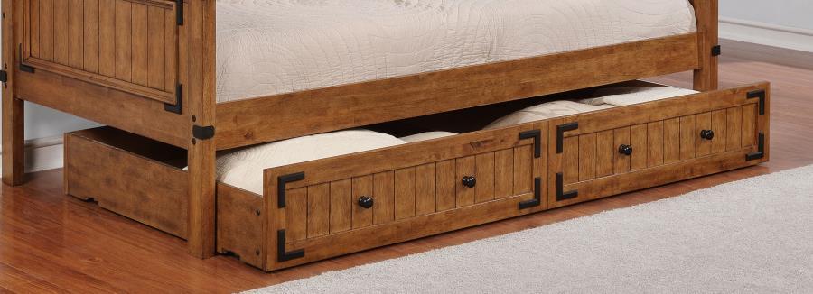 Add versatility and functionality to your daybed with this convertible trundle in a rustic honey finish. This trundle not only provides a cozy sleeping solution for guests but also serves as extra storage space when not in use. Crafted to complement the m