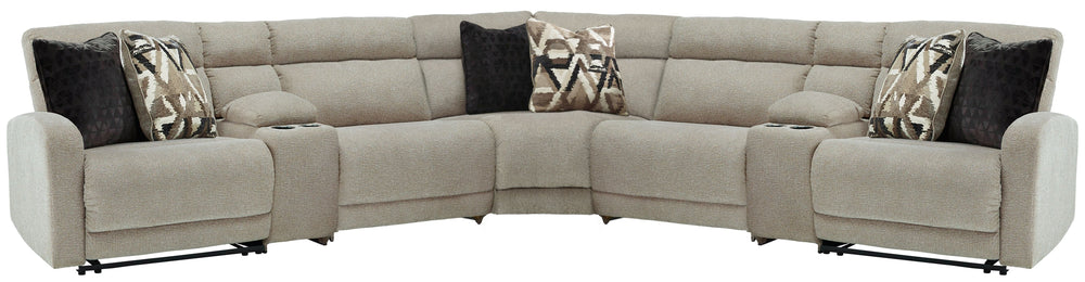 Delightfully modern. Exceptionally comfortable. When it comes to modular furniture with easy-elegant appeal, itâ€™s hard to beat this power reclining sectional. Wrapped in a decadently plush stone-tone fabric for neutral versatility, this chic sectional i