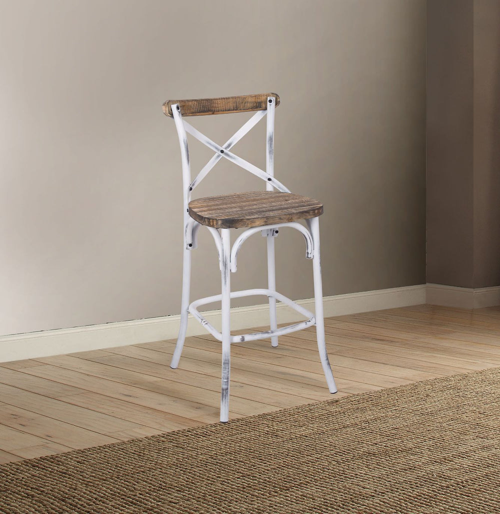 The Zaire collection chairs offer a vintage style inspired by Parisian Bistros chairs. Features: reclaimed wood and metal looks, simple -"X-" style backrest, wooden seat, slightly flared four-legged base with footrest supports. Handsomely Crafted in Walnu