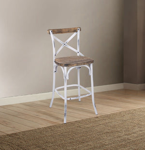 The Zaire collection chairs offer a vintage style inspired by Parisian Bistros chairs. Features: reclaimed wood and metal looks, simple -"X-" style backrest, wooden seat, slightly flared four-legged base with footrest supports. Handsomely Crafted in Walnu