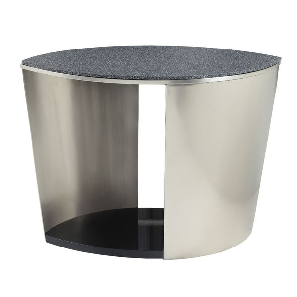  Drum End Table â€¢ Storage: Open Compartment (Bottom Shelf) â€¢â€¢ CONSTRUCTION â€¢â€¢ Top: 8mm Tempered Glass with Printed Faux Stone (Fixed Top/No Apron) â€¢ Metal Drum Frame: Satin Plated Finish