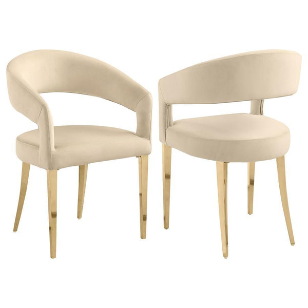 Change the aesthetics of your modern dining room with a refined set of two dining chairs. They-'re designed with a rounded back and sloping arms with a floating look, creating a sense of open, airy ambiance. The chairs are padded with foam, ensuring excel