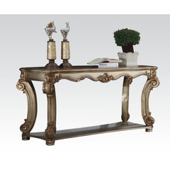 KD, Rectangular Table w/Scrolled Leg and Bottom Shelf â€¢ Top Apron: Scrolled Decor Trim<br/><br/><b>Product Features</b><ul><li>Case: 1Pc/1Ctn</li><li>Finish: Gold Patina</li><li>Style: Vintage</li><li>Materials: Wood, Poly Resin, Veneer (Wood), Composit