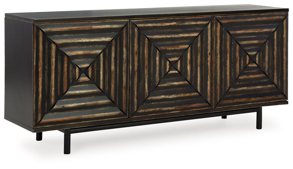 Whether you see squares, triangles or diamonds on its distinctive doors, you canâ€™t help but be captivated by the high-end look and feel of this accent cabinet. The inlay pattern on its touch latch doors is made all the more interesting with cross-cut st
