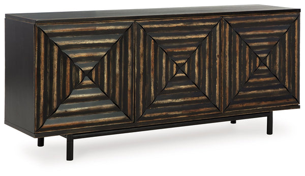 Whether you see squares, triangles or diamonds on its distinctive doors, you canâ€™t help but be captivated by the high-end look and feel of this accent cabinet. The inlay pattern on its touch latch doors is made all the more interesting with cross-cut st