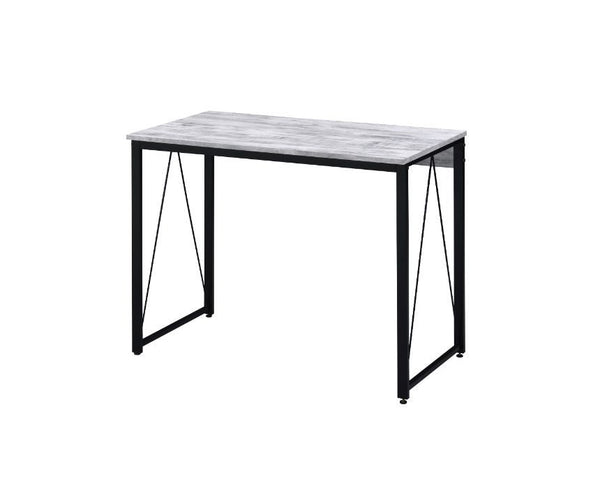 Simple, bold, and appealing, the Zaidin Desk will give your workplace a distinct look with rustic industrial style. Founded atop a black-finished metal base that is accented with reverse -"V-" shaped support, the distressed wooden table with minimal detai