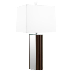  featuring a deep brown finish and scallop details that create a sense of texture and artisan character. Mirror panels add brightness and reflect