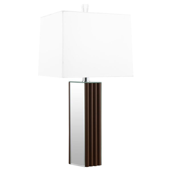  featuring a deep brown finish and scallop details that create a sense of texture and artisan character. Mirror panels add brightness and reflect