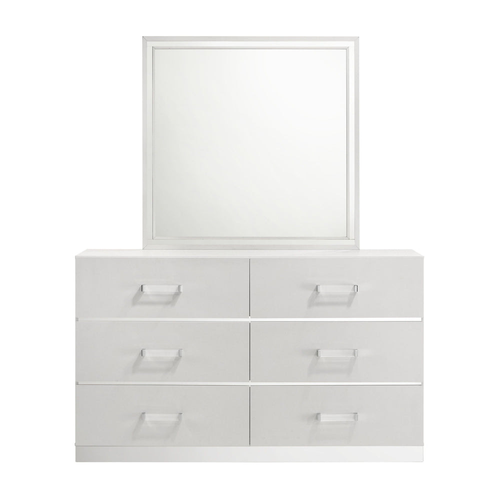 The Europa Mirror in white is a perfect blend of modern design and quality craftsmanship. This mirror features a sleek, sophisticated look with a bright white finish that adds to its glimmering appeal. Made from eco-friendly manufactured woods, it is asse