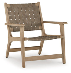 Express your sense of contemporary yet comfortable style with this accent chair. The on-trend frame is accented by taupe leather strips in a basket weave pattern for a mid-century modern aesthetic. Tuck this gem into your living room or home office for a 