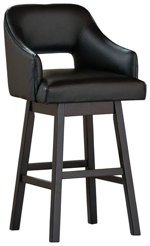 This striking barstool invites you to take contemporary modern style for a spin. Comfortably cushioned seat, self-returning swivel and contoured back make it beautifully in tune with your needs. Luxurious faux leather upholstery is a sensational touch.<br