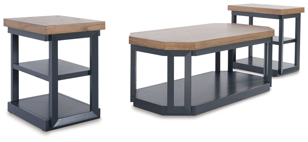This accent table set combines casual contemporary design with modern appeal. With thick-bodied wood-tone tabletops and on-trend slate blue frames and shelves, these tables are a smart choice on so many levels. And casters on the coffee table-'s legs make