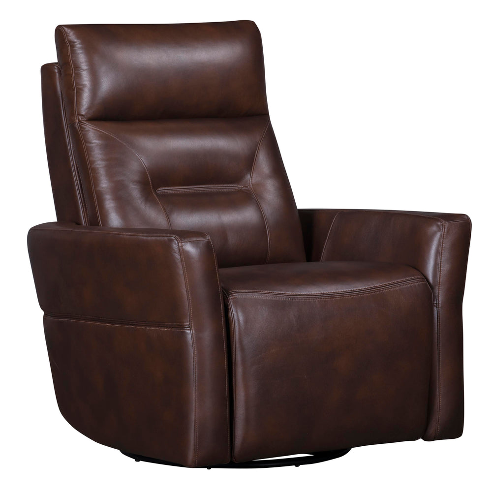 Remmington offers a power recline and an adjustable power headrest for ideal relaxation. It swivels and glides easily and is made from high-quality top-grain leather. Featuring detailed stitching, it presents a polished look. The slightly curved arms prov