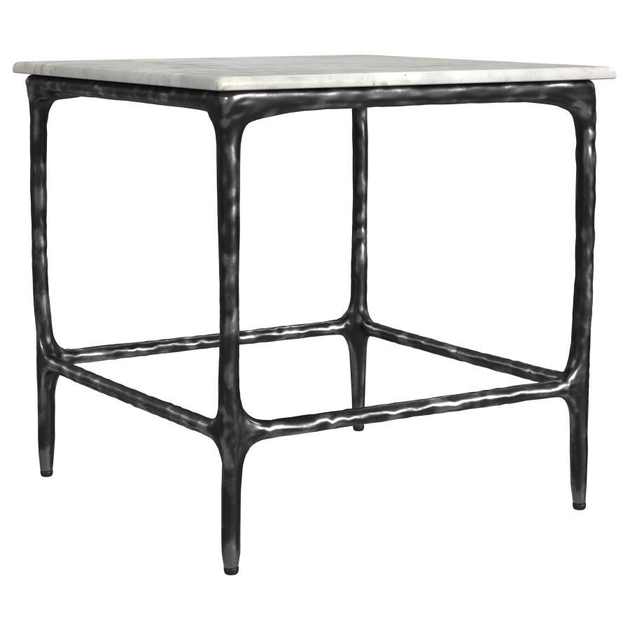 Bringing artisan appeal to the living room, this end table highlights a genuine marble surface that rests on a handcrafted iron frame with an antique black finish. Serve as a side table near a sofa or utilize as an accent table for showcasing dÃ©cor. Its 