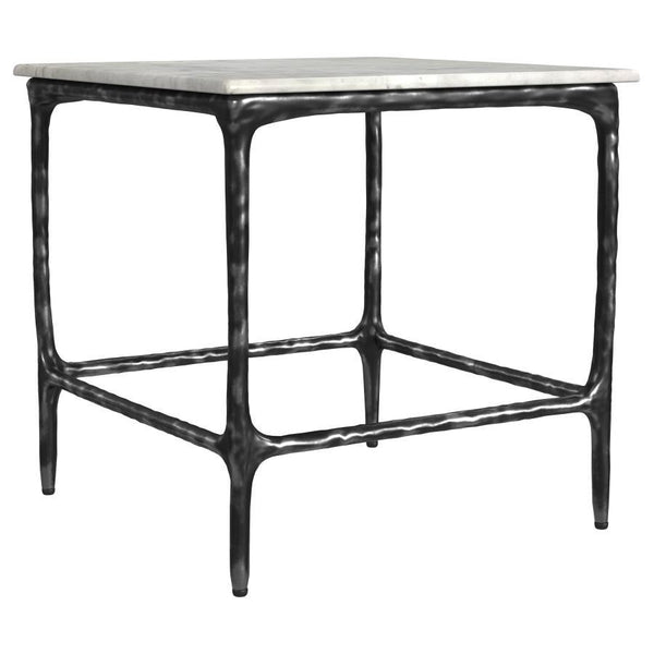 Bringing artisan appeal to the living room, this end table highlights a genuine marble surface that rests on a handcrafted iron frame with an antique black finish. Serve as a side table near a sofa or utilize as an accent table for showcasing dÃ©cor. Its 